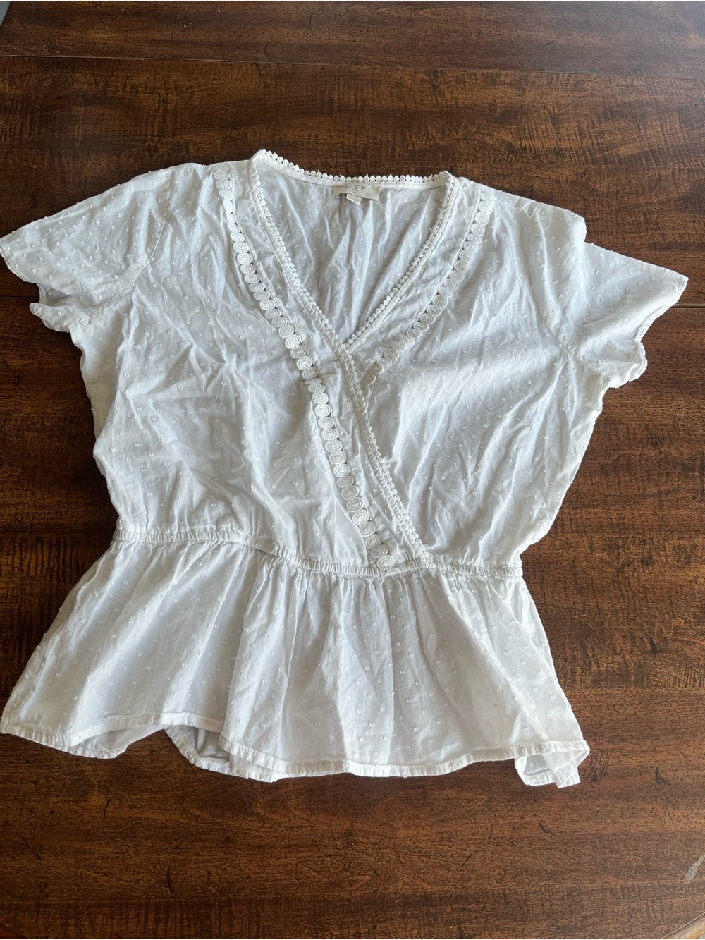 White Cotton Med P Women’s Eyelet Embroidered Boho Feminine Peasant Blouse LOFT
